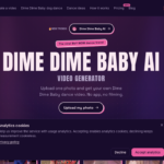 Hero banner for Dime Dime Baby AI: bold title 'DIME DIME BABY AI' with subtitle 'VIDEO GENERATOR', upload photo button, purple dotted background.