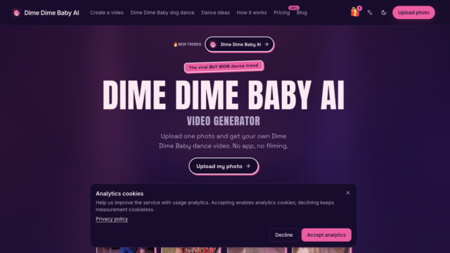 Hero banner for Dime Dime Baby AI: bold title 'DIME DIME BABY AI' with subtitle 'VIDEO GENERATOR', upload photo button, purple dotted background.