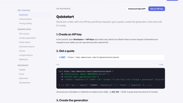 Screenshot of MakerNite (MakerNICE) API documentation 'Quickstart' page showing left navigation, top header with links and Sign in, and main content detailing API quickstart steps (Create an API key, Get a quote, Create the generation) with code blocks and example curl command.