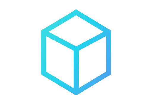 Isometric cube outline with a cyan-to-blue gradient on a black background, representing a 3D box icon.