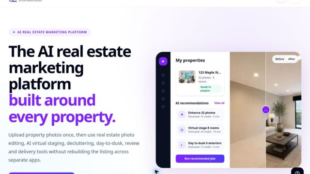 Hero banner showing AI real estate marketing platform with bold headline and a right-side property dashboard mockup.