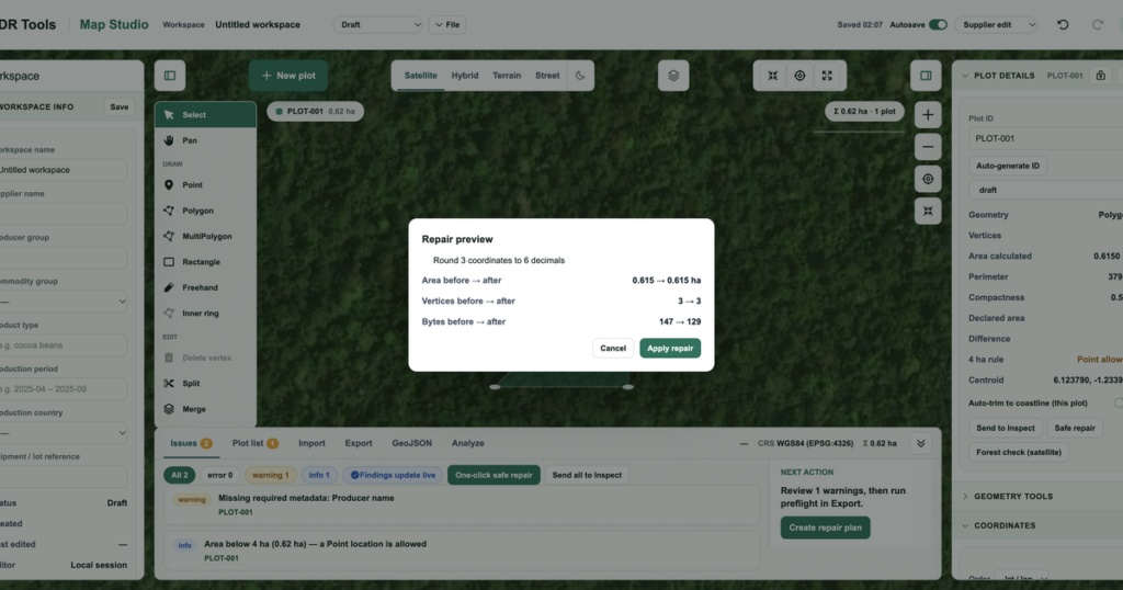 Repair preview modal over a map editing interface showing area, vertices, and bytes with Cancel and Apply repair buttons.