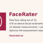 Promotional banner for FaceRater: logo on left, bold 'FaceRater' title and features like 'free face rating' and 'on-device landmarks' with facerater.ai URL