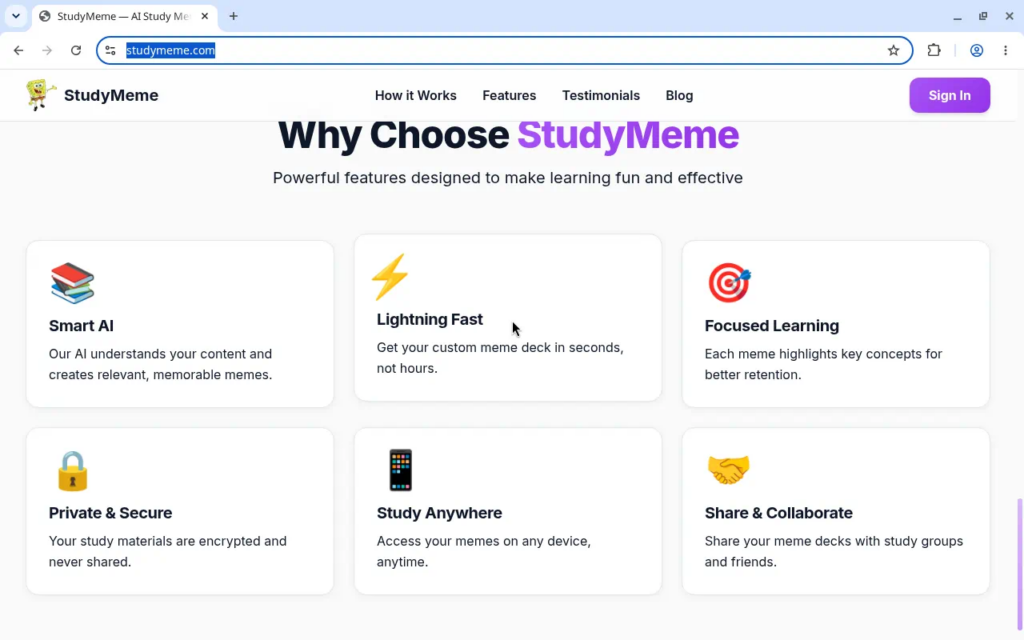 Homepage features grid for StudyMeme highlighting six cards: Smart AI, Lightning Fast, Focused Learning, Private & Secure, Study Anywhere, and Share & Collaborate.