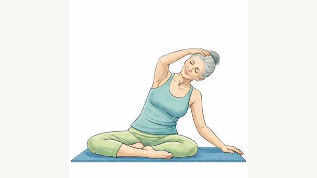 Older woman in a turquoise tank top and green pants sits cross‑legged on a blue yoga mat, twisting to stretch her neck with one hand on her head.