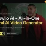 Hero banner for Flowlio AI: two hosts in a studio with a green-lit background and the text 'Flowlio AI – All-in-One Viral AI Video Generator'