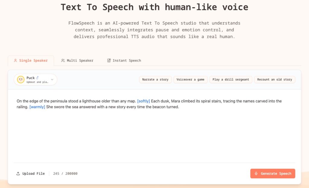 UI of a FlowSpeech text-to-speech studio in Single Speaker mode, showing a sample sentence about a lighthouse and Mara, with a large Generate Speech button.