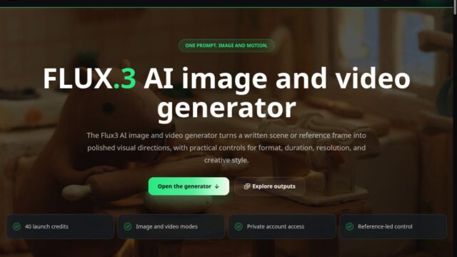 Hero banner for Flux3 AI image and video generator: bold white title over a dark, blurred workshop scene with green accents and two CTAs.