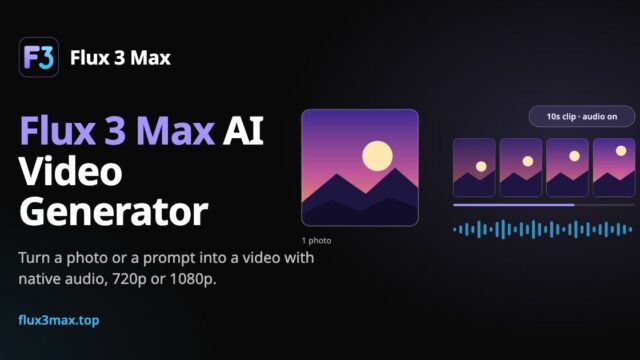 Flux 3 Max AI Video Generator banner: logo, bold title, mountain thumbnail, and audio waveform visuals on a dark gradient background.