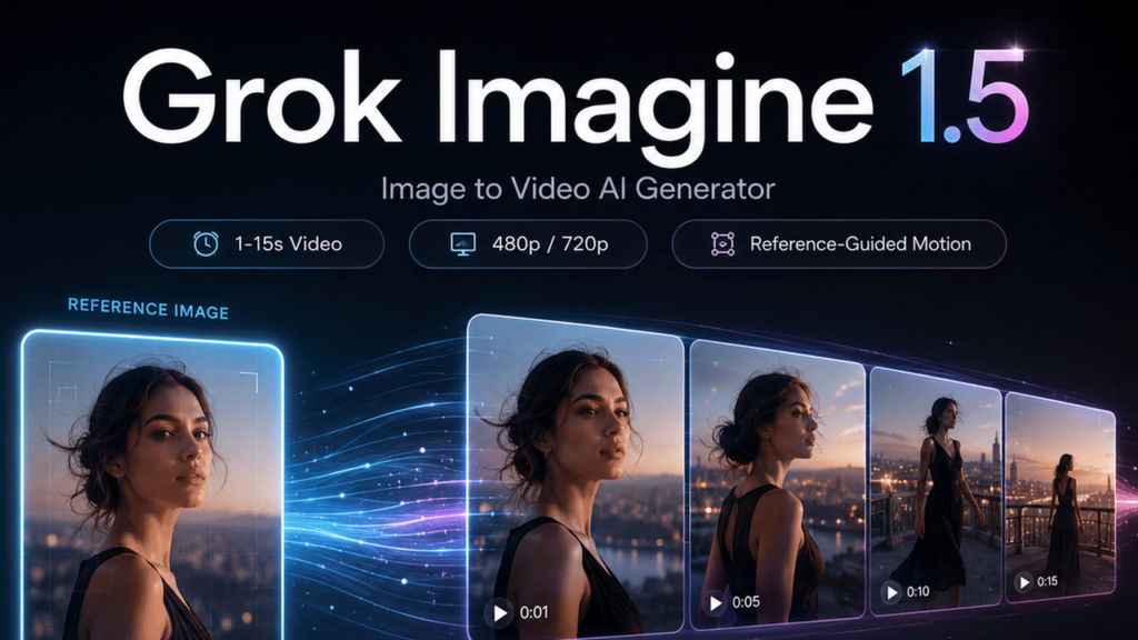 Grok Imagine 1.5: Image-to-Video AI generator interface with a reference image on the left and animated frames to the right.