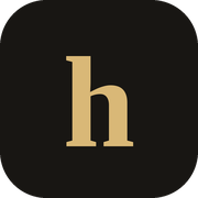 App icon featuring a lowercase beige 'h' centered on a dark rounded-square background