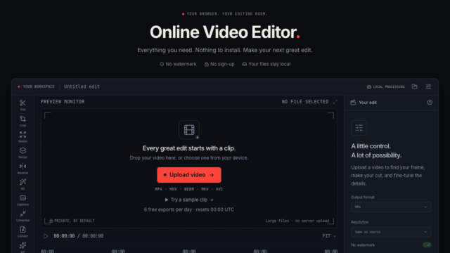 Dark web-based video editor interface featuring a large 'Online Video Editor' headline, with an editor workspace and prominent 'Upload video' button in the center.