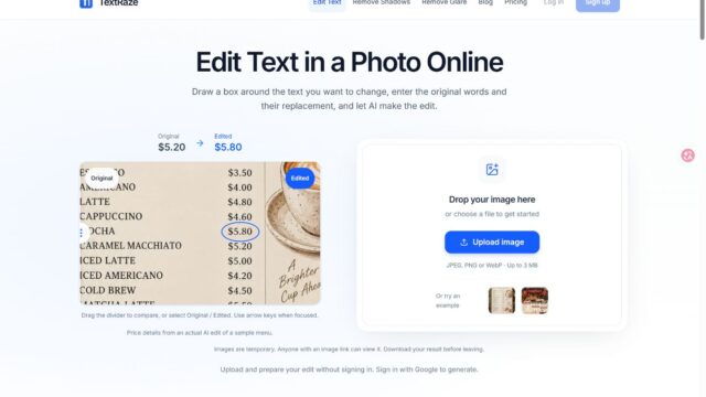 Hero screen showing 'Edit Text in a Photo Online' with a split example: left image of a menu with an 'Original' price and an 'Edited' price, and a right panel prompting to drop or upload an image for editing.