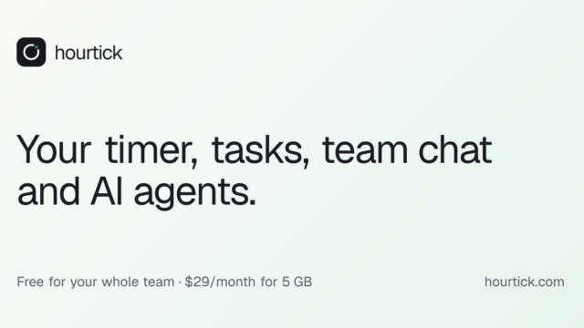Hourtick promotional banner: features 'Your timer, tasks, team chat and AI agents' with logo in the top-left and small pricing text bottom-left/right.