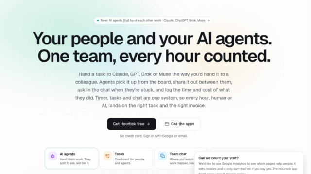 Hero banner with bold headline about people and AI agents, subtitle, and two call-to-action buttons on a light gradient background.