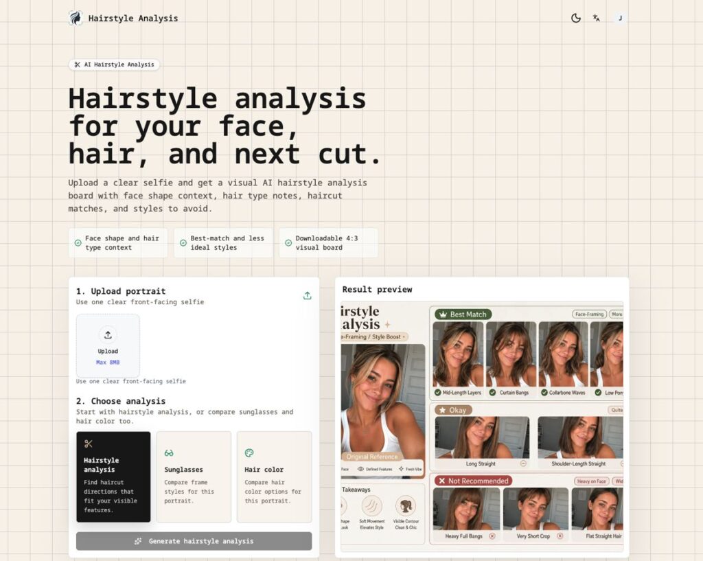 UI mockup of an AI hairstyle analysis tool with beige grid background and a bold headline about analyzing face, hair, and next cut.