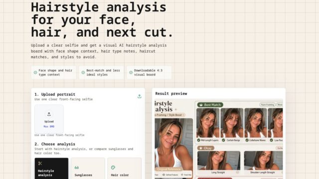 UI mockup of an AI hairstyle analysis tool with beige grid background and a bold headline about analyzing face, hair, and next cut.