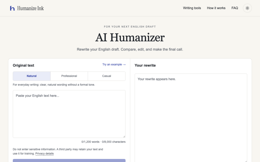 Web app interface for AI Humanizer: left panel shows Original text with Natural/Professional/Casual tabs and a paste box; right panel shows Your rewrite area (empty).