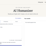Web app interface for AI Humanizer: left panel shows Original text with Natural/Professional/Casual tabs and a paste box; right panel shows Your rewrite area (empty).