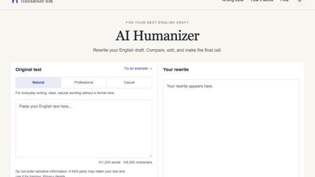 Web app interface for AI Humanizer: left panel shows Original text with Natural/Professional/Casual tabs and a paste box; right panel shows Your rewrite area (empty).