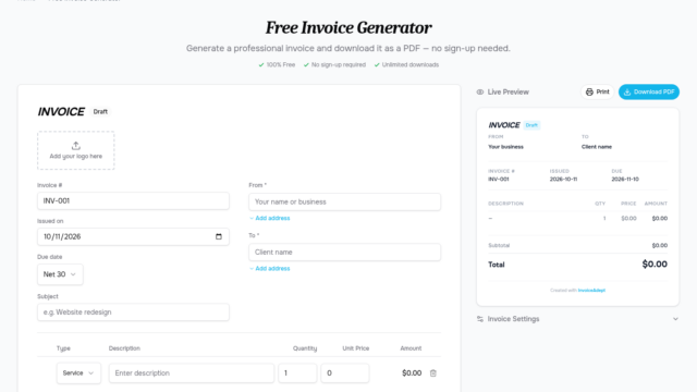 Screenshot of an online invoice generator form with fields for invoice number, dates, client, item lines, and totals.",
