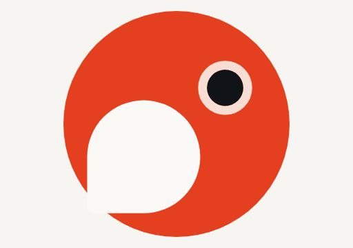 Abstract red circular logo with a white bite-like notch and a small pink-rimmed black eye.