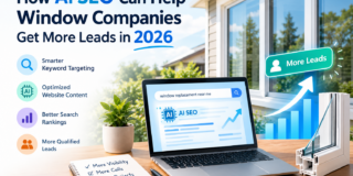 Infographic about how AI SEO helps window companies get more leads in 2026, with icons for keyword targeting, content, rankings, and leads on the left.