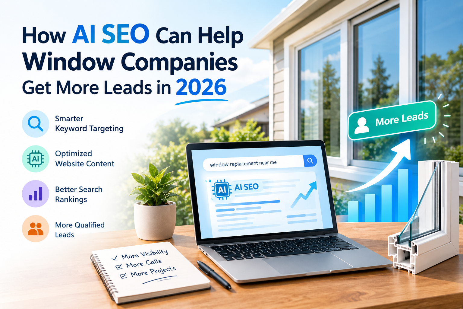 Infographic about how AI SEO helps window companies get more leads in 2026, with icons for keyword targeting, content, rankings, and leads on the left.