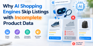 Robot with magnifying glass analyzing product cards; text: Why AI Shopping Engines Skip Listings with Incomplete Product Data (incomplete data highlighted).