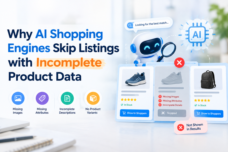 Robot with magnifying glass analyzing product cards; text: Why AI Shopping Engines Skip Listings with Incomplete Product Data (incomplete data highlighted).