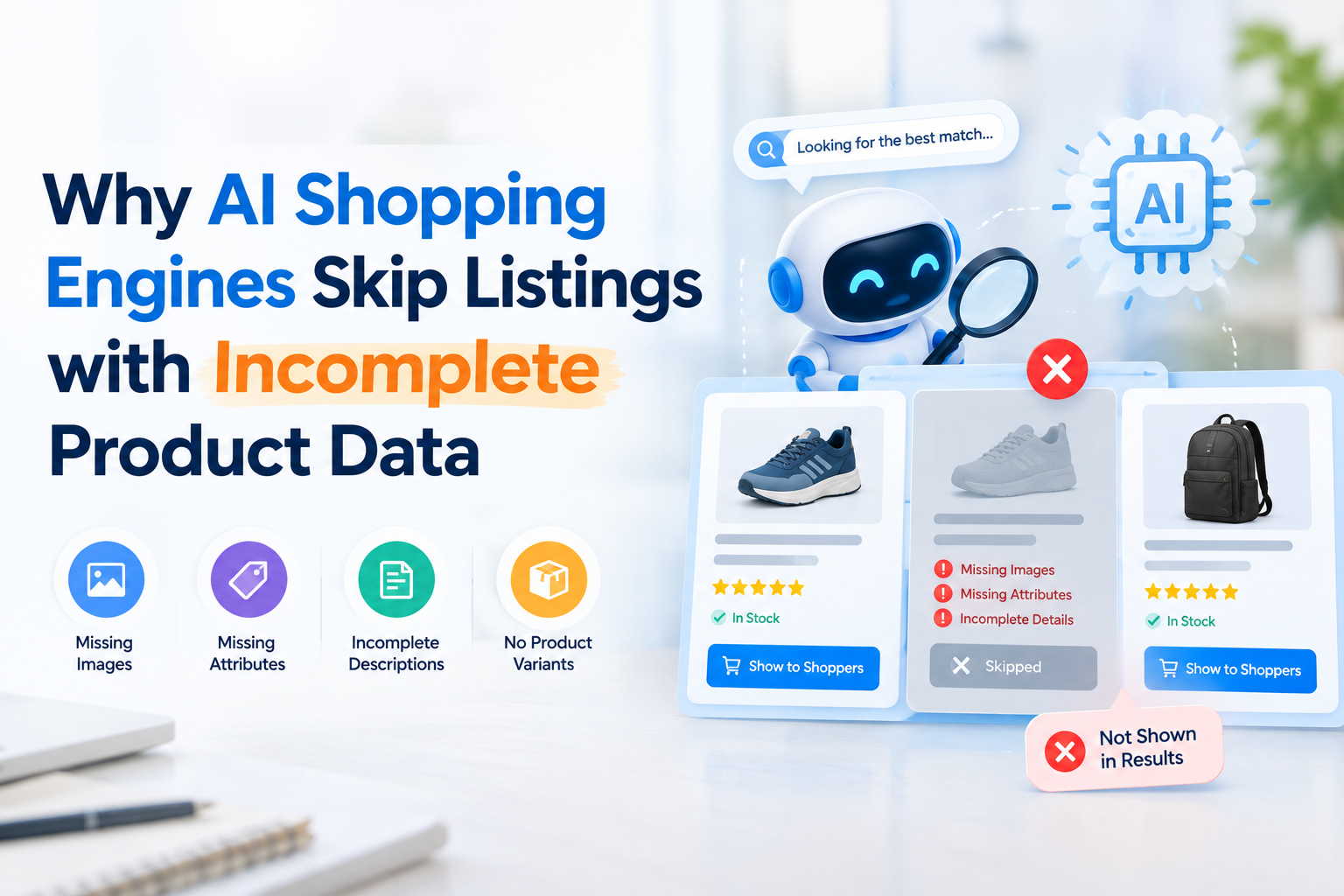 image - purshoLOGY Robot with magnifying glass analyzing product cards; text: Why AI Shopping Engines Skip Listings with Incomplete Product Data (incomplete data highlighted).