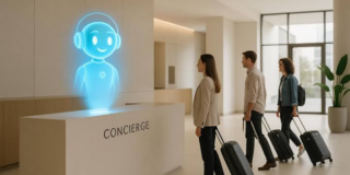 Blue holographic concierge with headset greets guests at a hotel reception, as three travelers with rolling suitcases wait in line by a white desk marked 'CONCIERGE'.