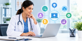 Female doctor in a white coat using a laptop, with connected medical icons representing digital health.