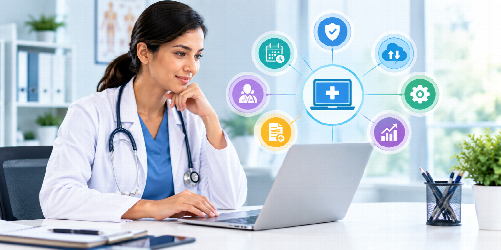 image - purshoLOGY Female doctor in a white coat using a laptop, with connected medical icons representing digital health.
