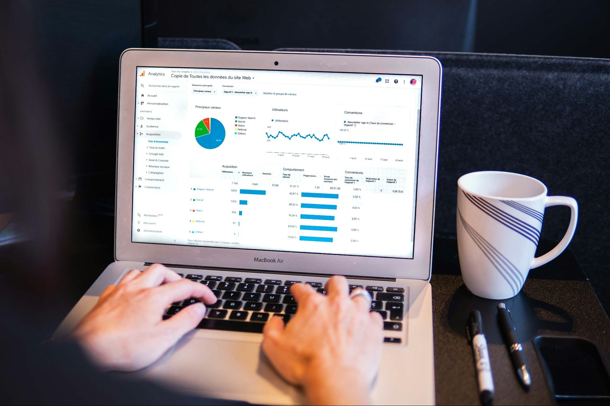 Person typing on a MacBook Air displaying analytics dashboards and charts, with a striped mug nearby.