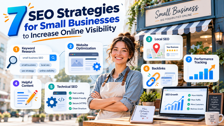 Smiling woman beside an outdoor infographic titled '7 SEO Strategies for Small Businesses' with icons for keyword research, website optimization, local SEO, content, technical SEO, backlinks, and analytics.
