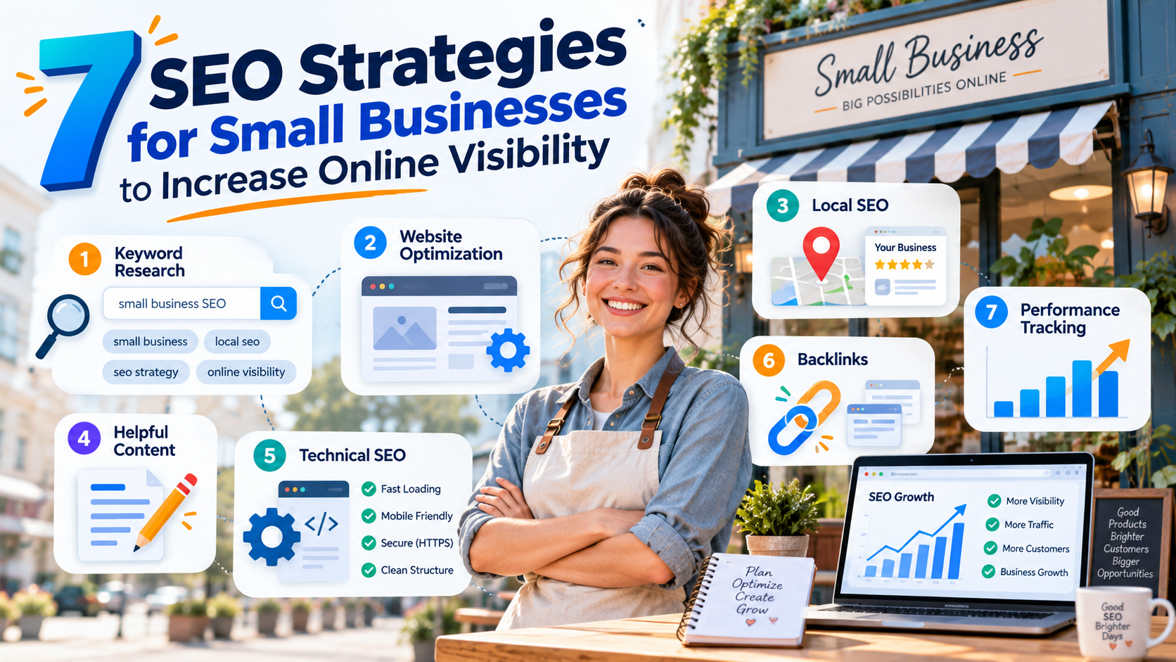 Smiling woman beside an outdoor infographic titled '7 SEO Strategies for Small Businesses' with icons for keyword research, website optimization, local SEO, content, technical SEO, backlinks, and analytics.