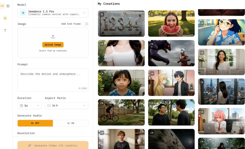 UI layout of a video creation app: left panel with model, upload area, prompt box, and duration settings; right side shows a grid of user creations thumbnails under 'My Creations'