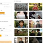 UI layout of a video creation app: left panel with model, upload area, prompt box, and duration settings; right side shows a grid of user creations thumbnails under 'My Creations'