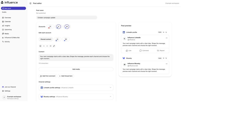 Post editor interface showing a draft titled 'October campaign update' with account controls and content blocks on the left and a post preview on the right under the Influence workspace layout.