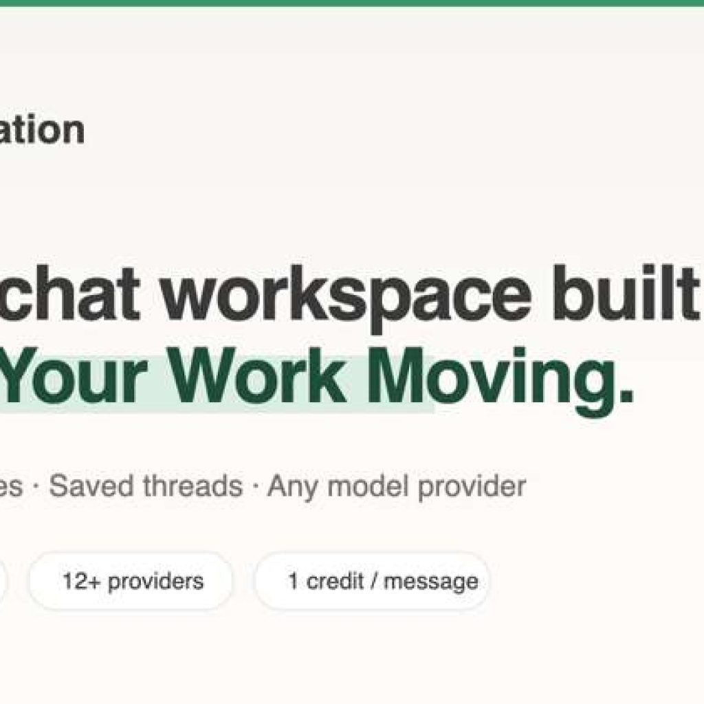JevStation hero banner: 'An AI chat workspace built to Keep Your Work Moving' with three pill features (22ms first token, 12+ providers, 1 credit / message).