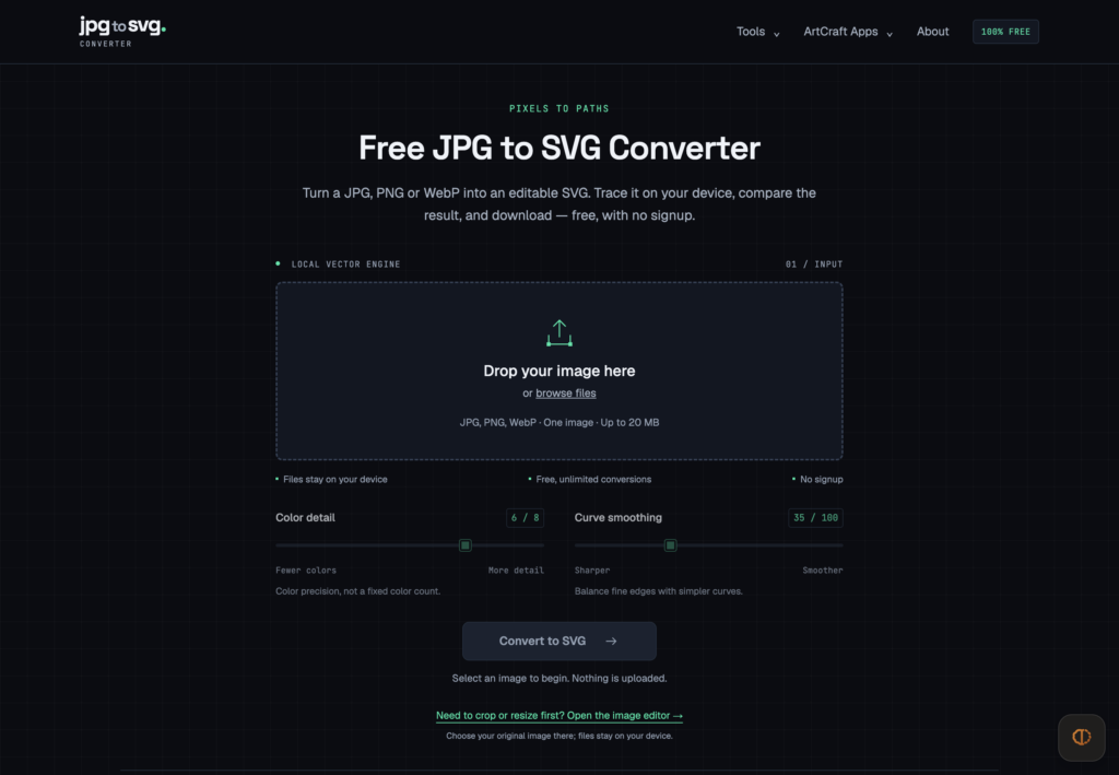 Dark hero section of a JPG to SVG converter page showing the site logo top-left, a large centered title 'Free JPG to SVG Converter' with a subtitle about converting JPG/PNG/WebP, and a prominent upload box reading 'Drop your image here' on a dark grid background.