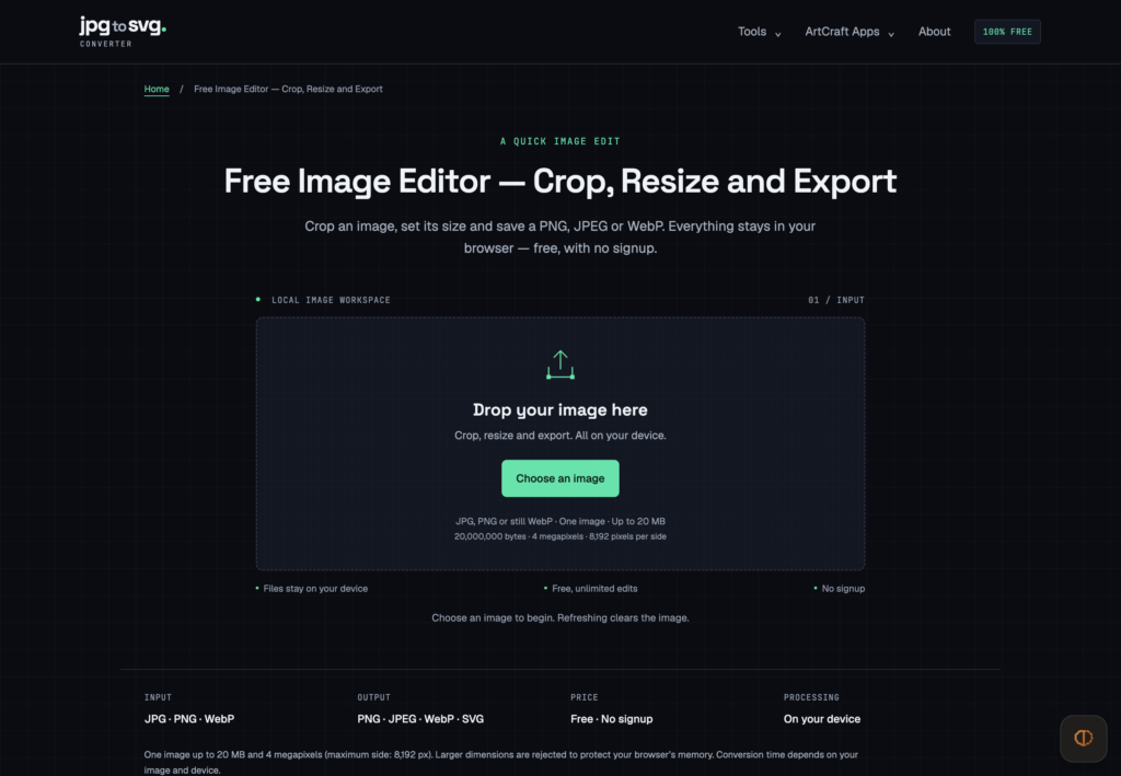 Dark grid-themed hero displaying the JPG to SVG editor with the title “Free Image Editor — Crop, Resize and Export” and a drag‑and‑drop area labeled “Drop your image here.” Example button text reads “Choose an image.”