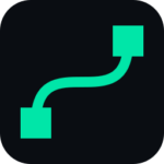 Abstract flow icon: a curved green path with square endpoints on a dark background, suggesting a connection or workflow.