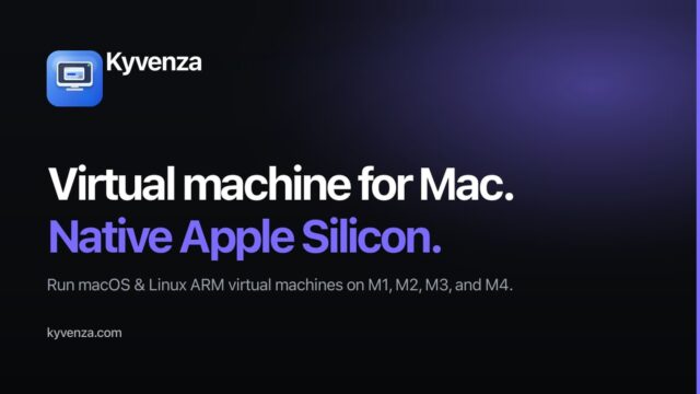 Kyzenza logo with the headline: 'Virtual machine for Mac. Native Apple Silicon' and subtext about running macOS & Linux ARM VMs on M1–M4 (kyzenza.com).