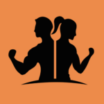 Two silhouettes back-to-back, flexing their arms in a mirrored pose on an orange background, conveying strength or teamwork.