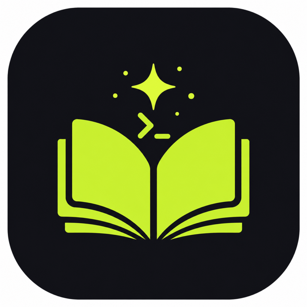 Open, glowing lime-green book with sparkles above, suggesting learning or magical education on a dark rounded-square background