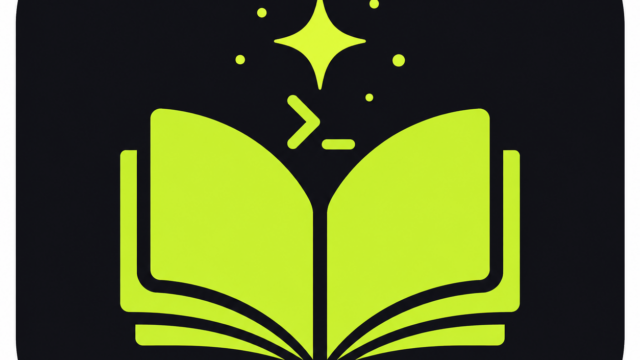 Open, glowing lime-green book with sparkles above, suggesting learning or magical education on a dark rounded-square background