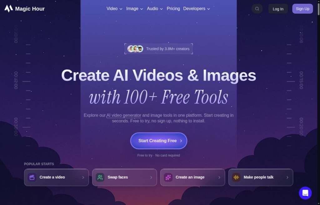 Hero section of Magic Hour landing page with a purple gradient background, large headline about AI videos and images, and a prominent Start Creating Free button.