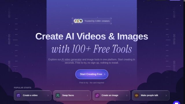 Hero section of Magic Hour landing page with a purple gradient background, large headline about AI videos and images, and a prominent Start Creating Free button.